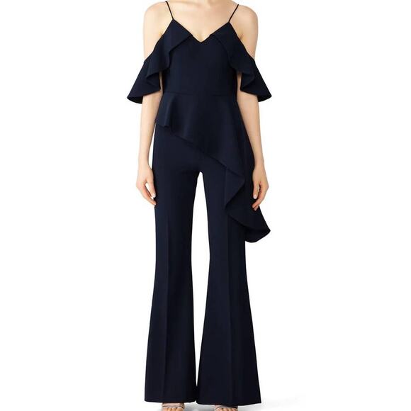 Christian Siriano Navy Cold Shoulder Jumpsuit 6 V-Neck Flare Crepe Ruffle Chic - Picture 1 of 12